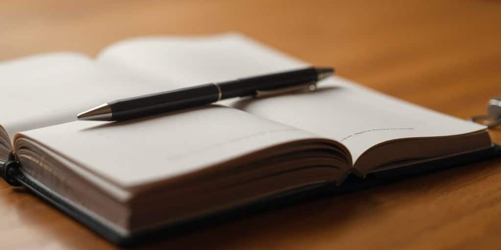 Open journal, pen, warm light, calm setting.