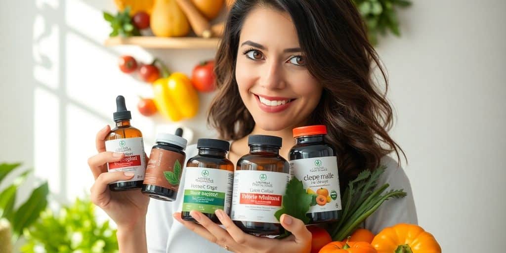 Woman holding natural supplements, healthy food beside her.