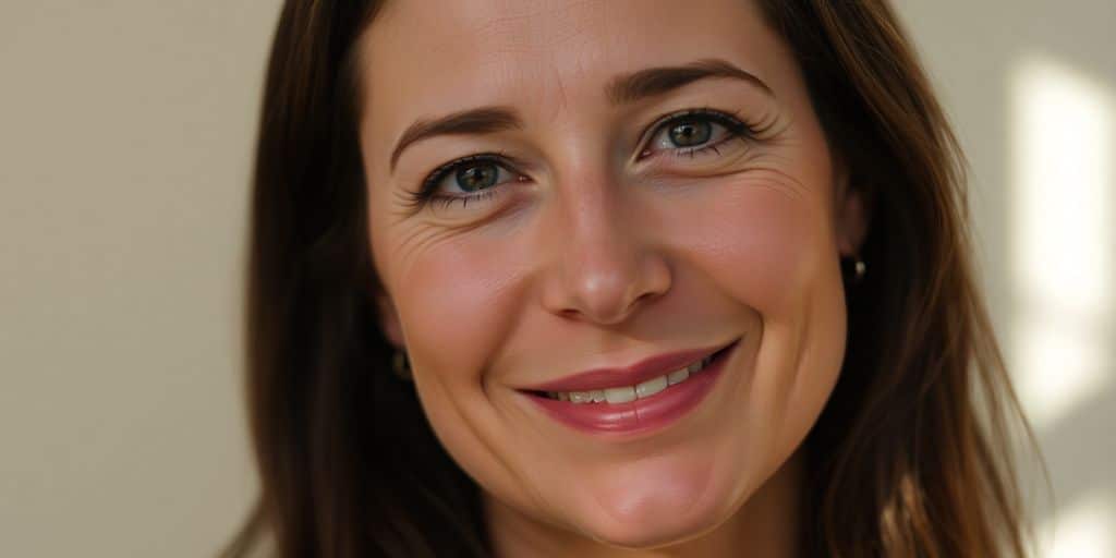 Woman looking confidently at a blurred background.