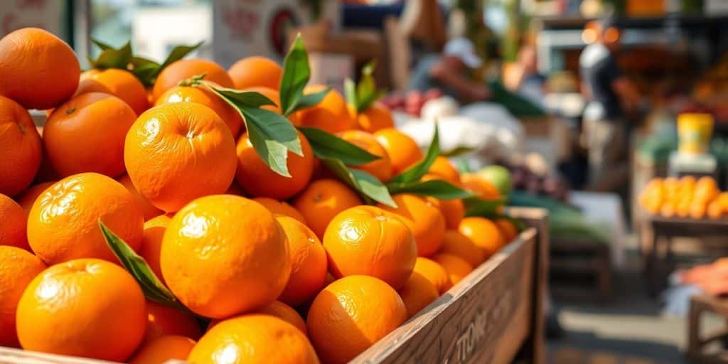 Bright orange citrus fruits piled high in a rustic market stall.