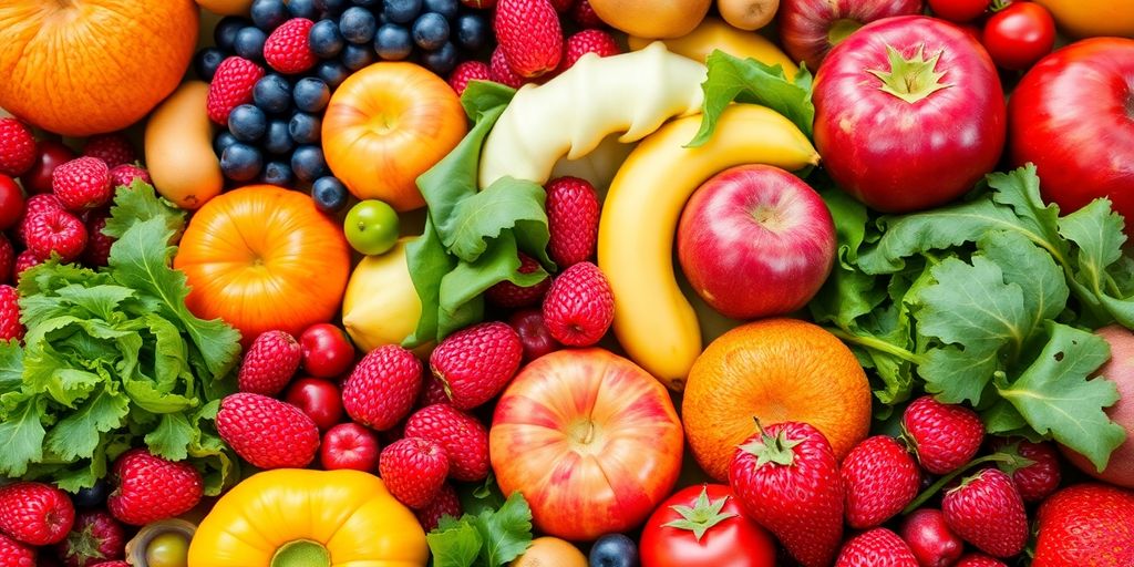 Vibrant seasonal fruits and vegetables arranged artfully.