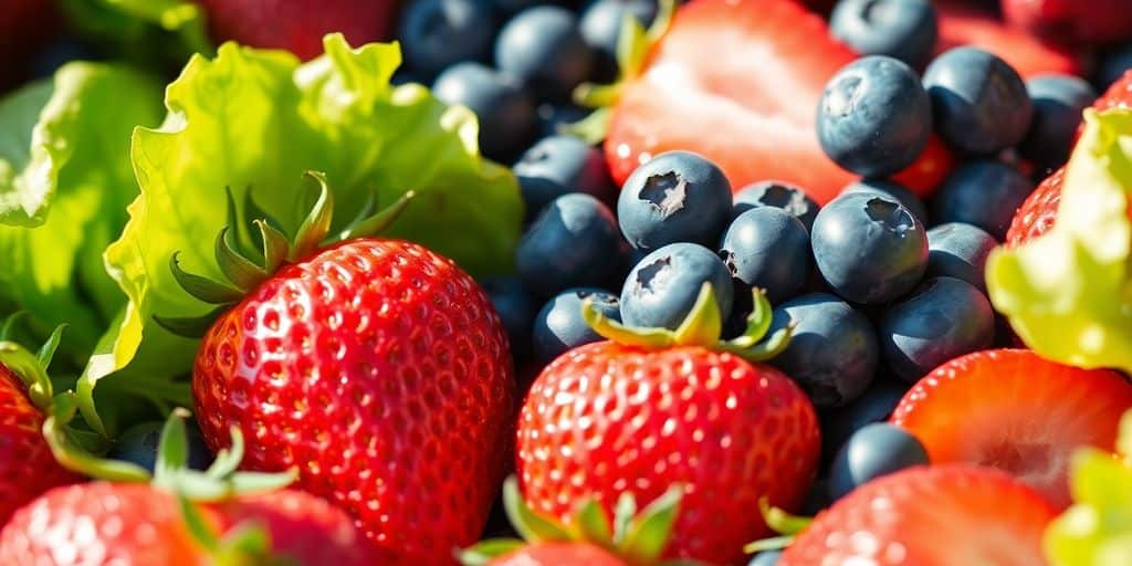 Vibrant summer fruits and vegetables arranged attractively.