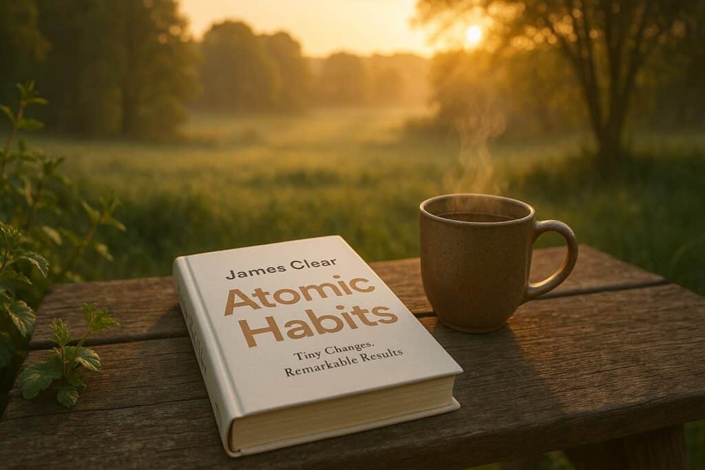 Atomic Habits book on a table in a field at sunrise