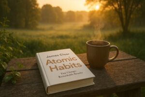 Atomic Habits book on a table in a field at sunrise