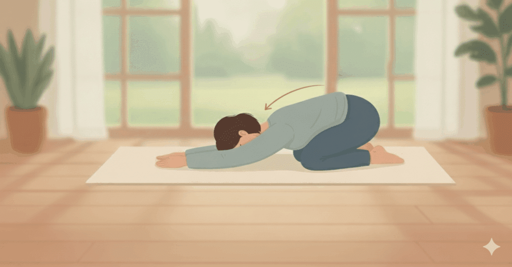 A diagram showing how to do the child's pose stretch. 