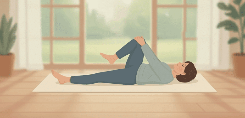 A diagram showing how to do a knee to chest stretch. 