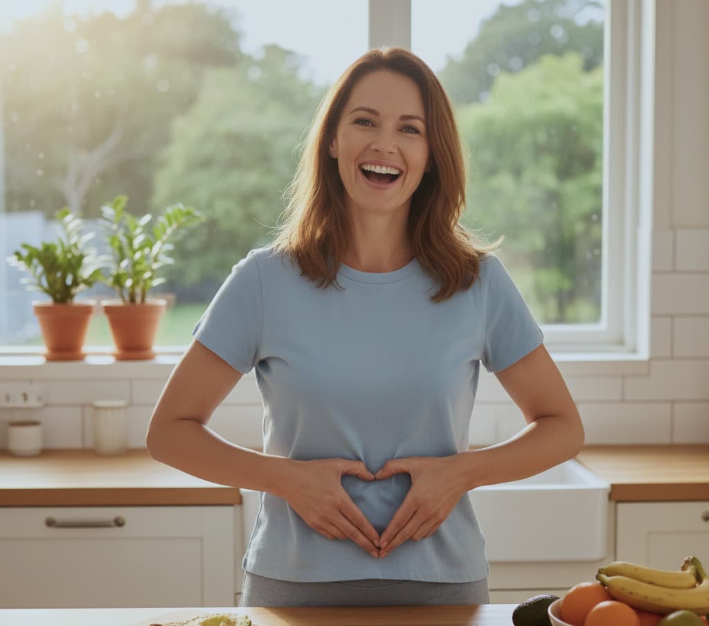 A woman in a light blue shirt makes a heart over her stomach with her hands.