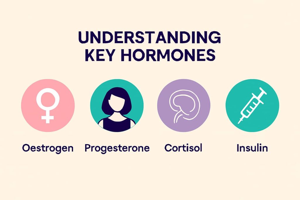 A graphic showing 4 icons with the 4 major hormones involved with gut health. 