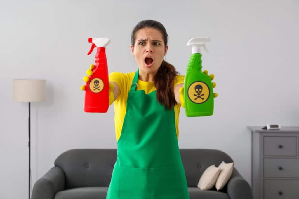 Woman in apron holding two spray bottles with toxic symbols, highlighting the dangers of household cleaners.