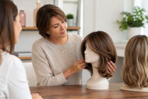women looking at wigs, image by ai