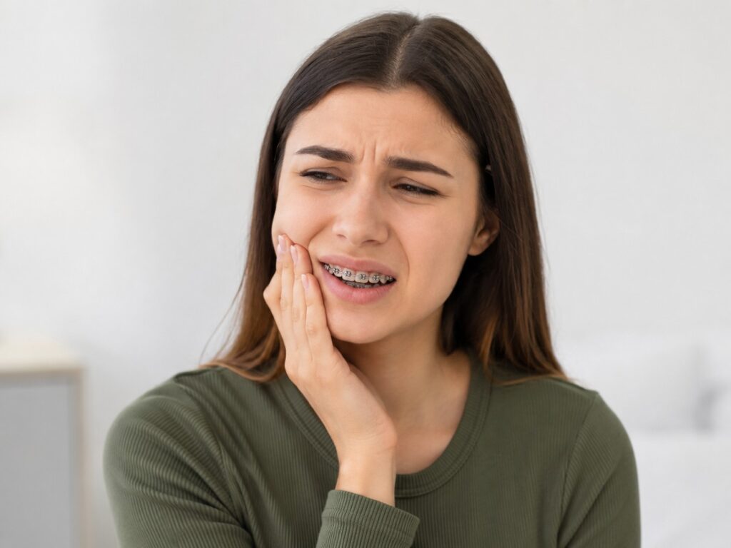 A girl with braces in a green shirt holding onto her check and wincing in pain
