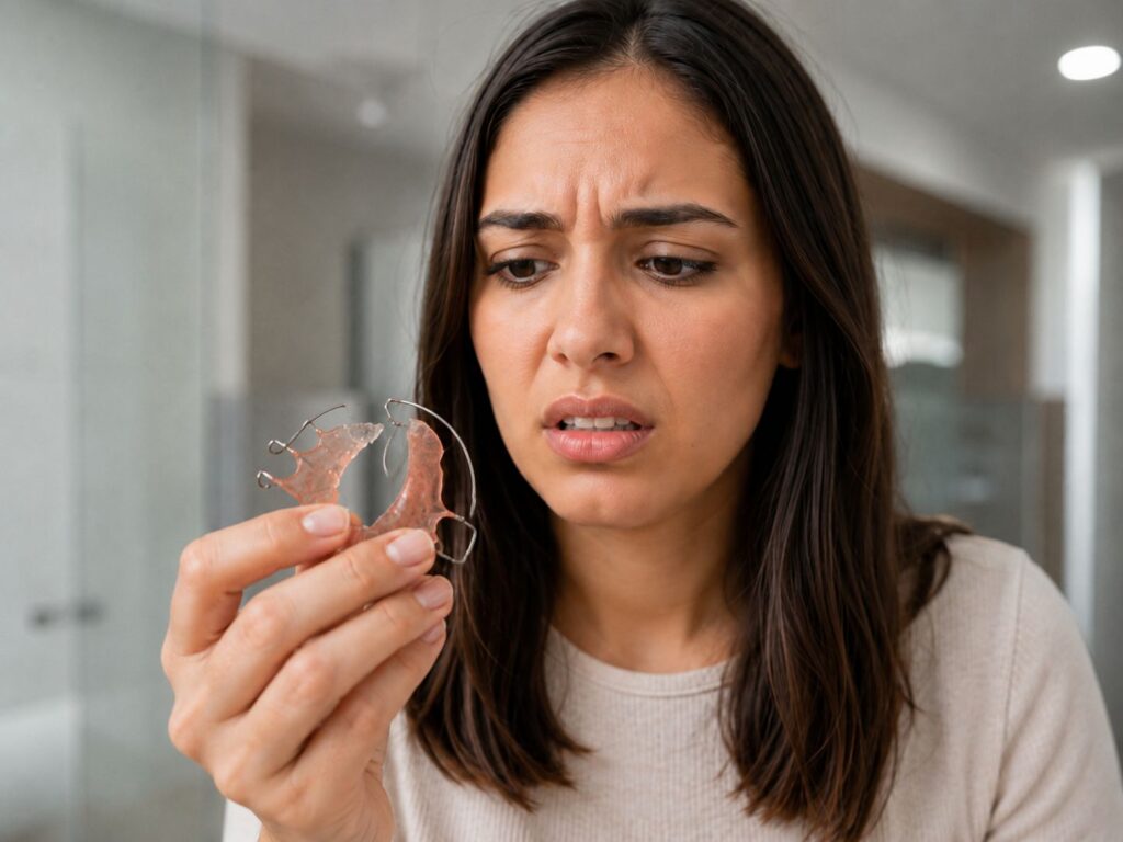 A girl with dark hair stares down at the broken pink retainer in her hand