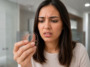 A girl with dark hair stares down at the broken pink retainer in her hand