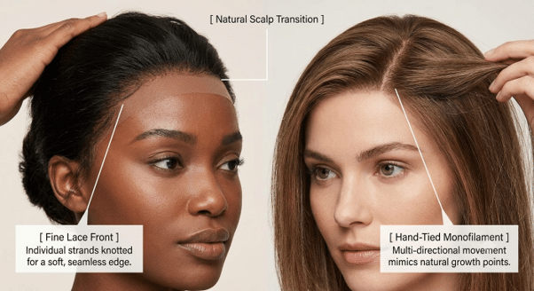 Detailed visual guide highlighting a seamless lace front hairline and hand-tied monofilament cap construction on two women.