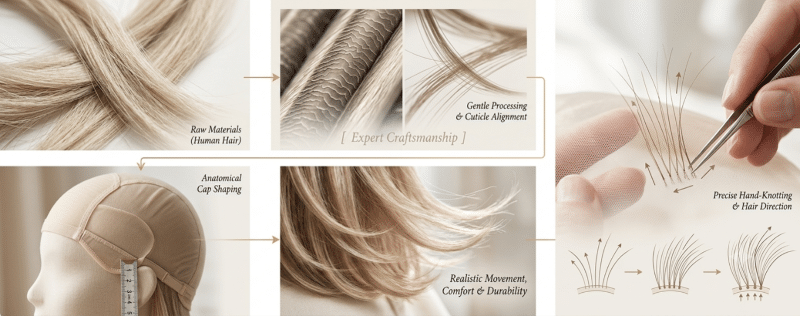 Editorial step-by-step graphic illustrating human hair selection, cuticle alignment, cap shaping, and hand-knotting craftsmanship.