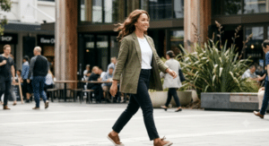 Lady walking happily down the street wearing a wig that is not noticeable made with AI