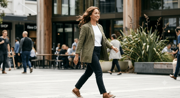 Lady walking happily down the street wearing a wig that is not noticeable made with AI